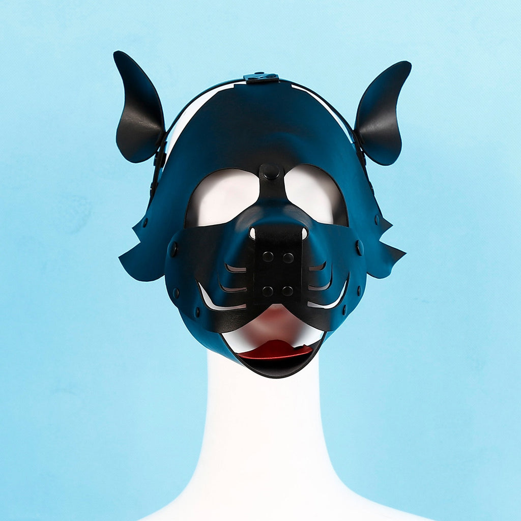 Front view of a black puppy-play hood with pointed ears on a white mannequin