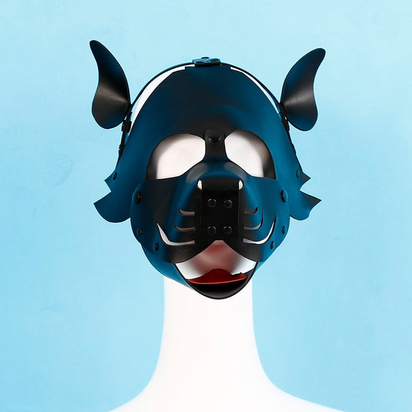Front view of a black puppy-play hood with pointed ears on a white mannequin