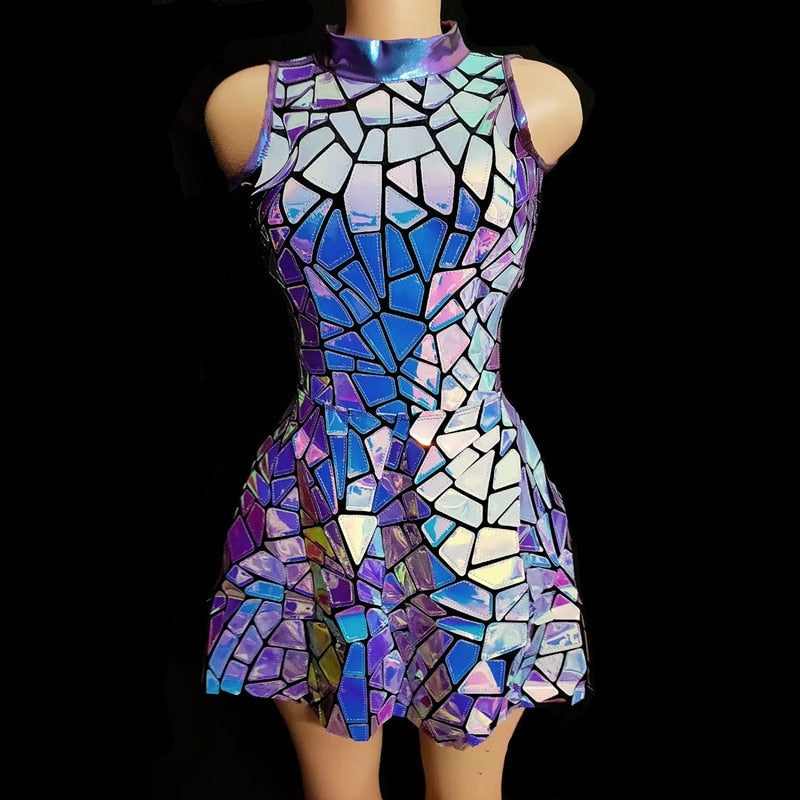 Front view of a sleeveless purple dress with an iridescent broken-mosaic pattern