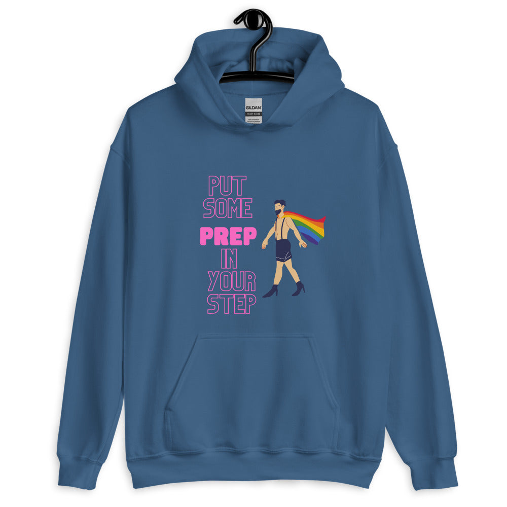 Front view of a blue pullover hoodie reading “PUT SOME PREP IN YOUR STEP” with a rainbow-caped figure
