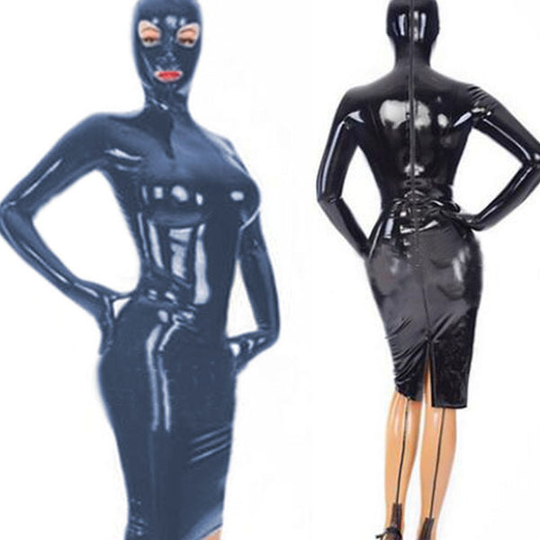 Two views of a glossy hooded PVC bondage dress, showing the front and back