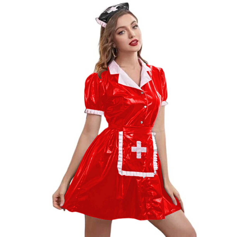 Front-view model wearing a shiny red PVC nurse dress with a white cross pocket