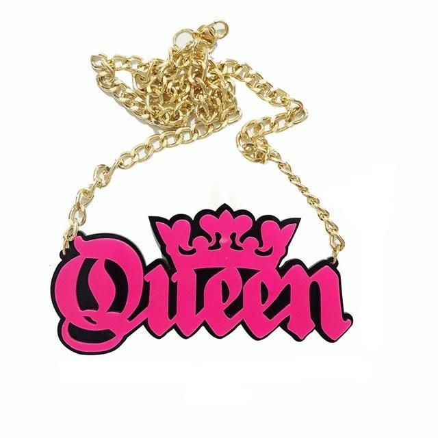 Pink acrylic “Queen” statement necklace with a gold-tone chain
