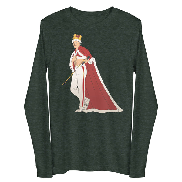 Front view of a dark heather long-sleeve shirt with a crowned Freddie Mercury illustration