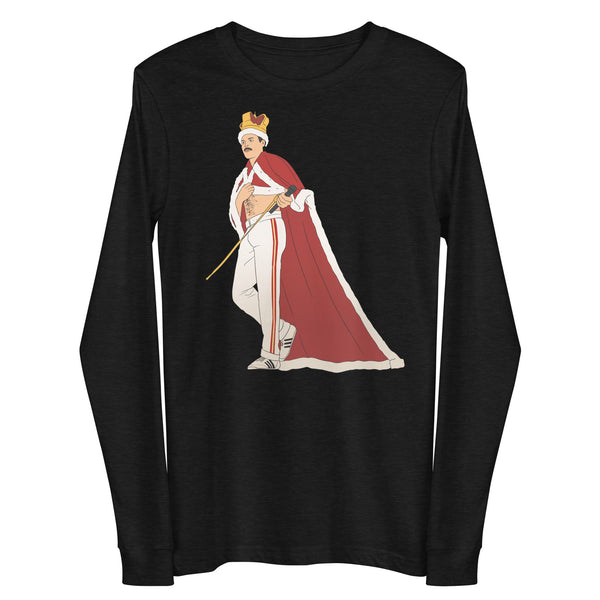 Front view of a black long-sleeve shirt with a crowned Freddie Mercury illustration holding a microphone