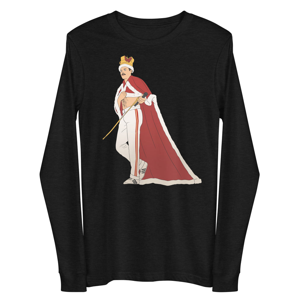 Front view of a black long-sleeve shirt with a crowned Freddie Mercury illustration holding a microphone