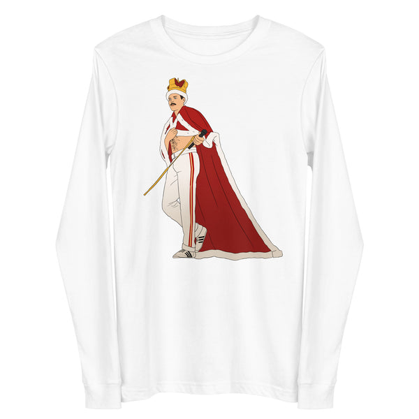 White long-sleeve shirt featuring an illustrated crowned singer in a red cape holding a microphone