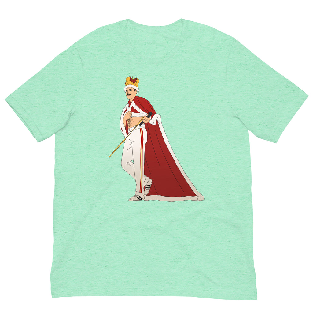 Front-facing mint green T-shirt with a central illustration of a crowned singer in a red cape