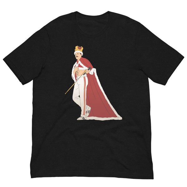 Front view of a black T-shirt with an illustration of a crowned singer holding a microphone