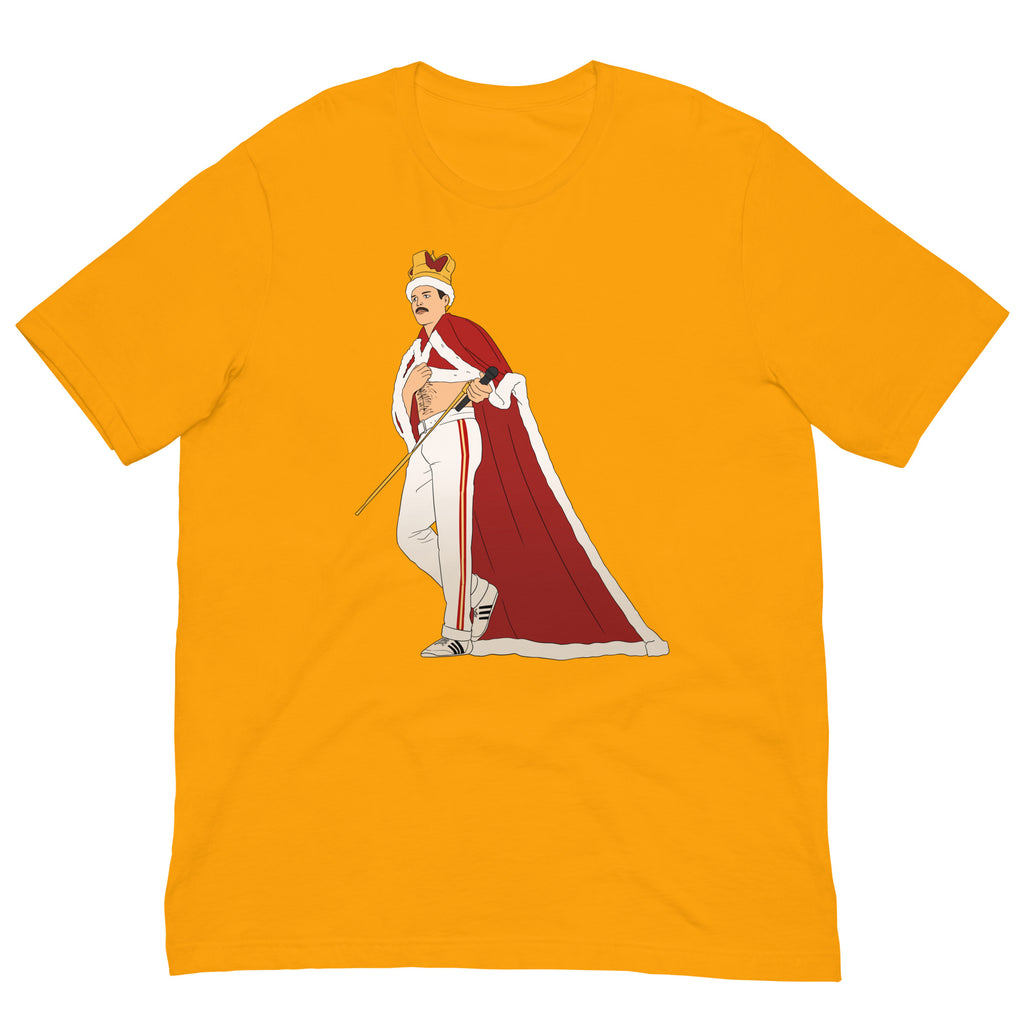 Front view of a gold T-shirt with an illustrated crowned singer in a red cape holding a microphone