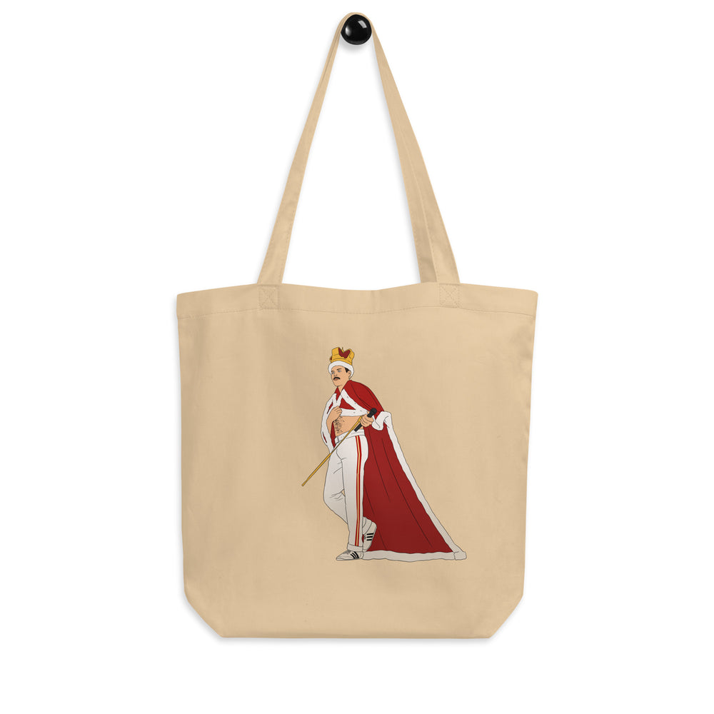 Front view of a beige tote bag showing an illustrated crowned singer in a red cape