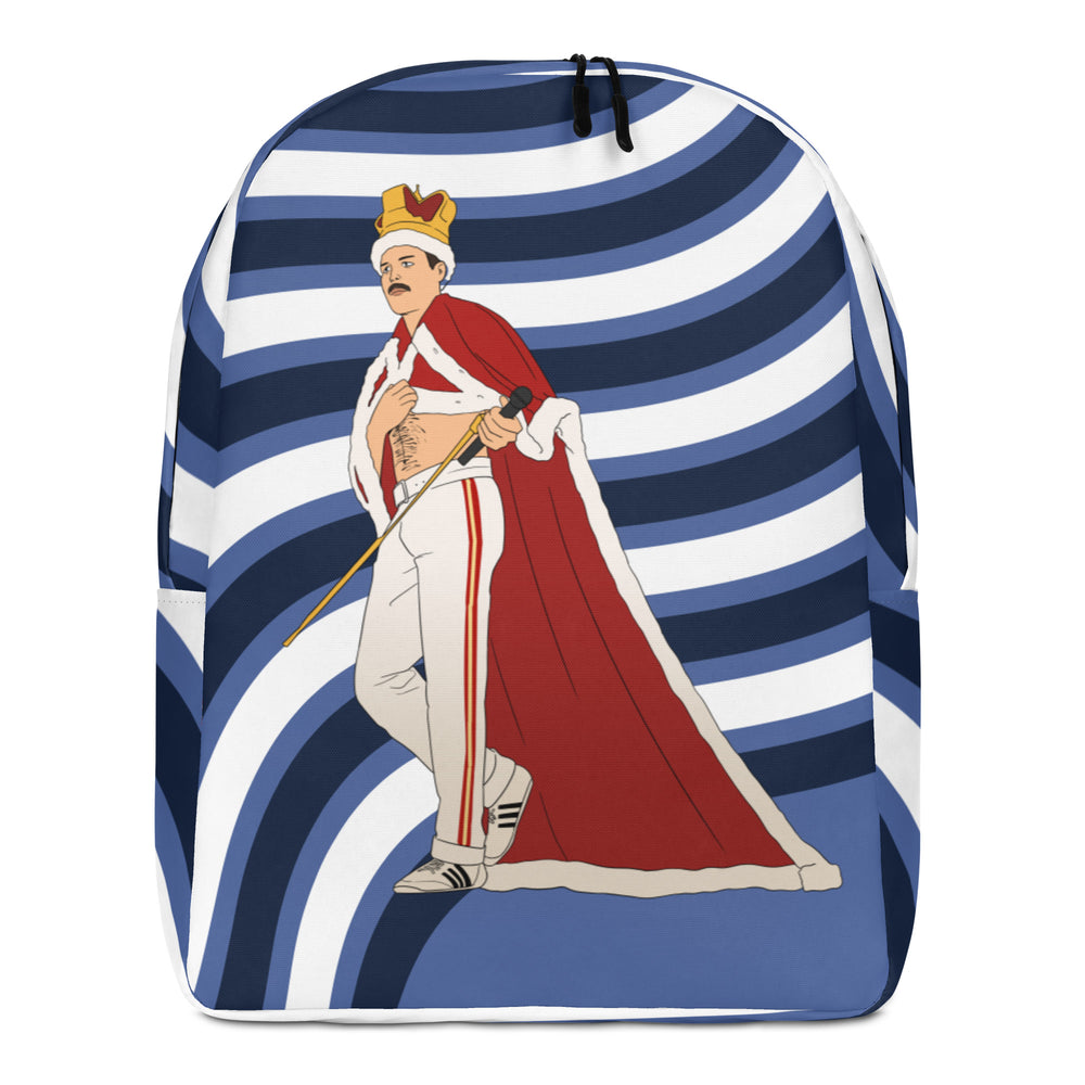 Front-view backpack with blue-and-white stripes and a crowned Freddie Mercury illustration