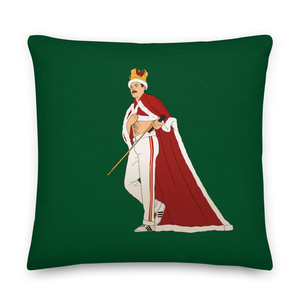 Square dark green pillow with an illustration of Freddie Mercury in a crown and red cape