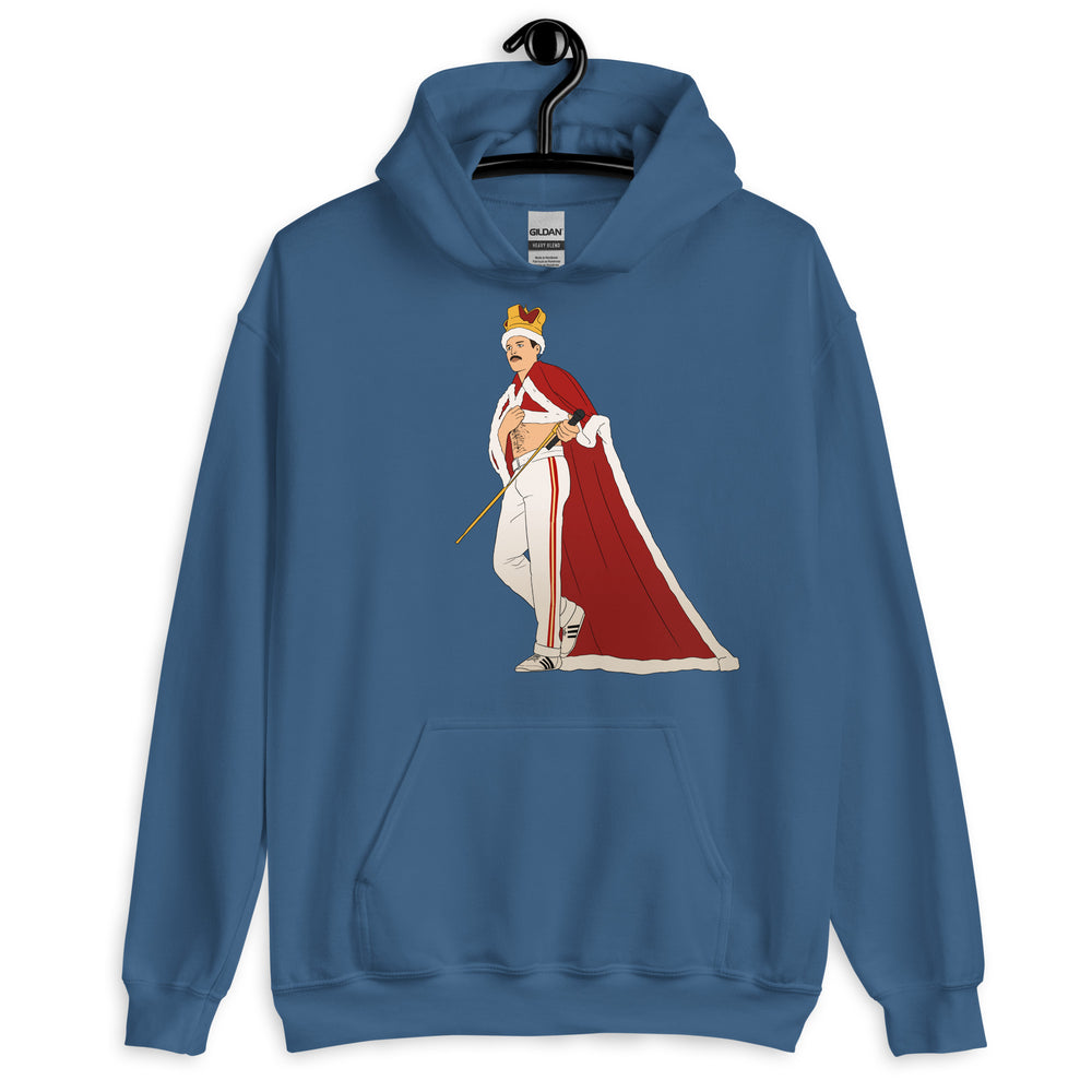 Front view of a blue hoodie with a crowned, caped Freddie Mercury holding a microphone