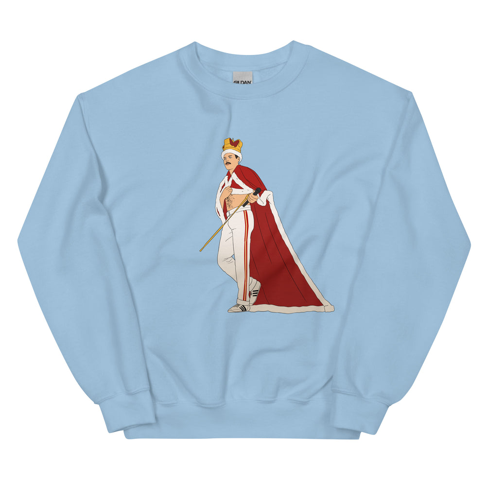 Light blue sweatshirt with a crowned performer holding a microphone in a red cape
