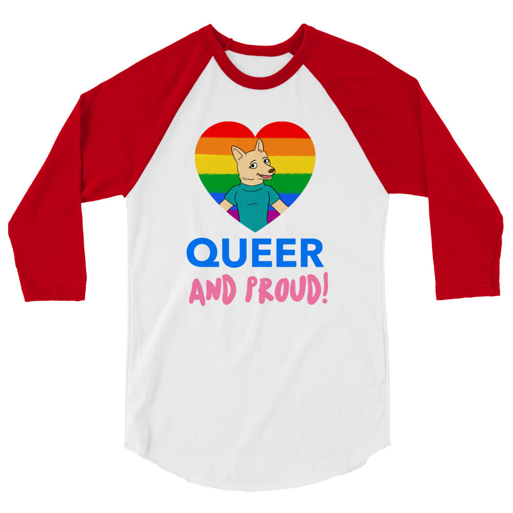 Front view of a white raglan shirt with red sleeves, rainbow heart, cartoon character, and “QUEER AND PROUD!”