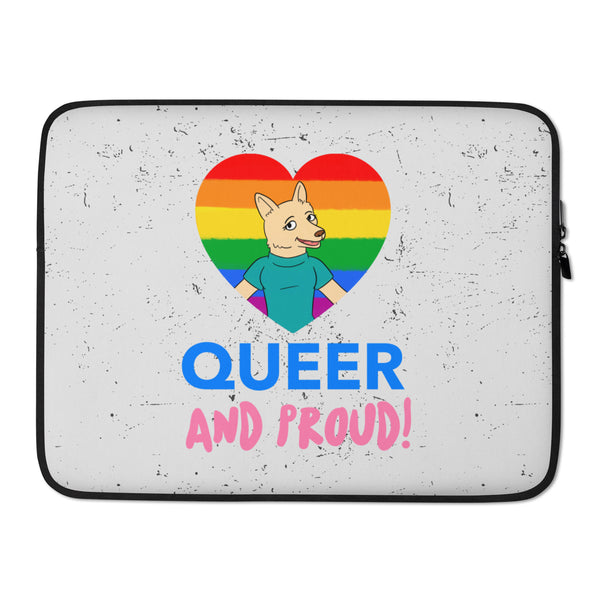 Laptop sleeve with a rainbow heart, cartoon canine, and “QUEER AND PROUD!” text