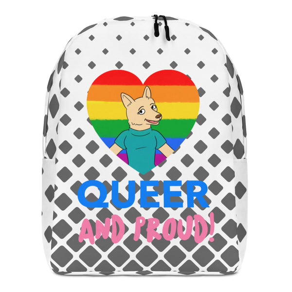 Front-facing white backpack with gray diamond pattern, rainbow heart, cartoon wolf, and “QUEER AND PROUD!”