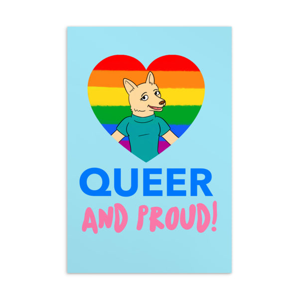 Postcard with a cartoon canine in a rainbow heart above the words “QUEER AND PROUD!”