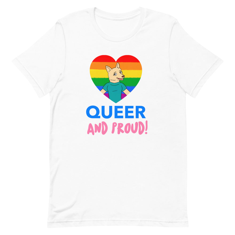White T-shirt with a cartoon dog in a rainbow heart and “QUEER AND PROUD!” text