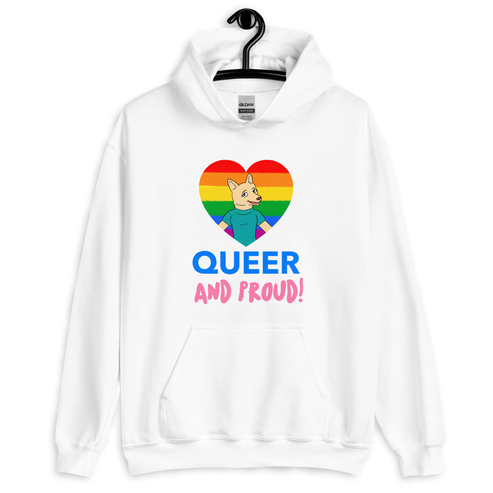 Front-view white hoodie with a rainbow heart, cartoon animal, and “QUEER AND PROUD!”