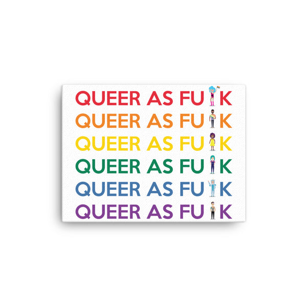 Canvas print with six colorful rows reading “QUEER AS FUɅK” and small illustrated figures