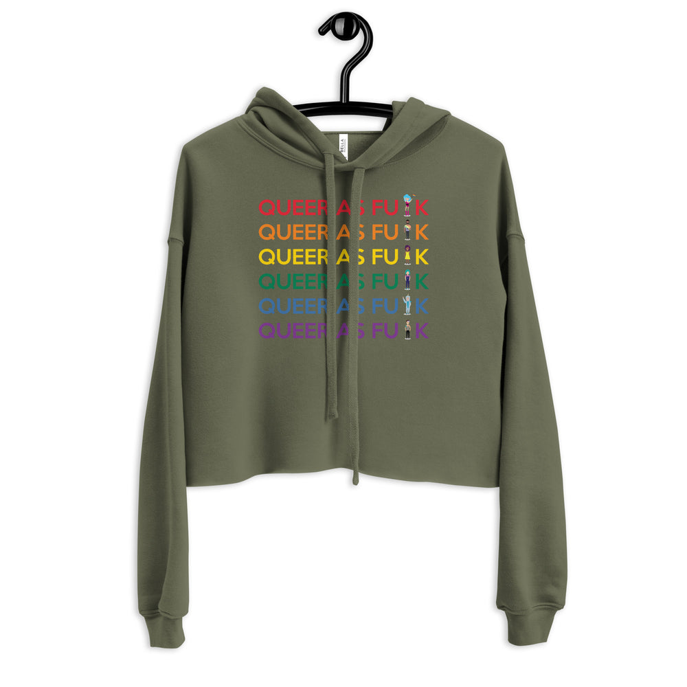 Front view of an olive cropped hoodie on a hanger with rainbow “QUEER AS F#UK” rows