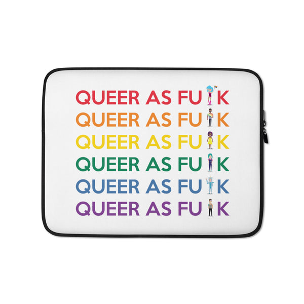 White laptop sleeve with black trim; queer Pride laptop sleeve with “Queer As F#CK” design; alternate product view 1