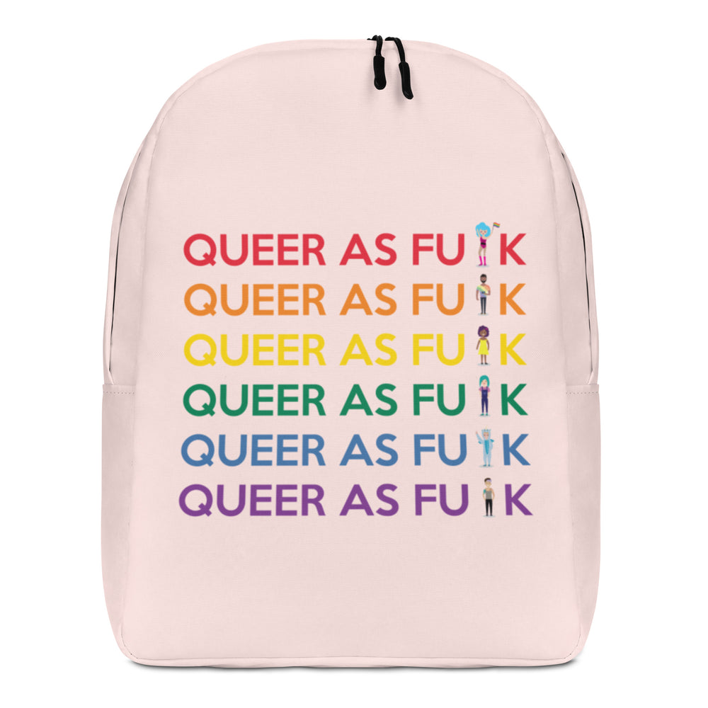 Pale pink backpack with rainbow text, front zip closure; queer Pride backpack with “Queer As F#CK Minimalist” design