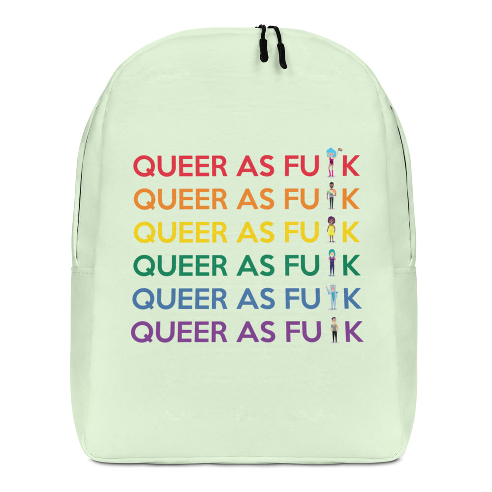 Pale green backpack with rainbow queer slogan, front zip closure; queer Pride backpack with “Queer As F#CK Minimalist” design