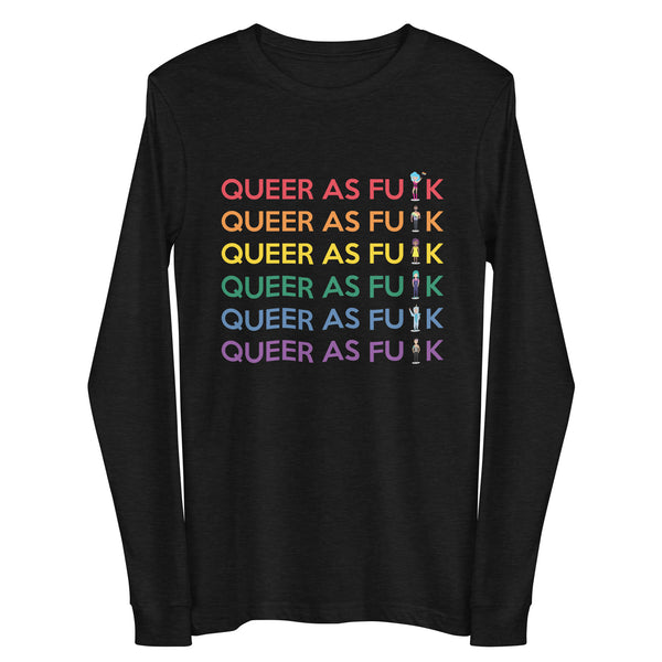 Front view of a black long-sleeve shirt reading “QUEER AS FU K” in six colors
