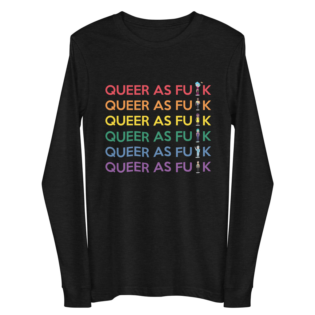 Front view of a black long-sleeve shirt reading “QUEER AS FU K” in six colors