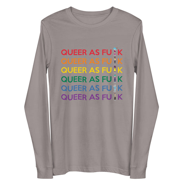 Front view of a gray long-sleeve shirt reading “QUEER AS FU⦿K” in rainbow rows