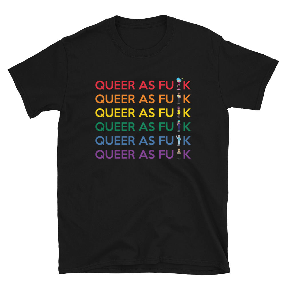 Black T-shirt with six rainbow lines reading “QUEER AS FU⚡K” and small figures