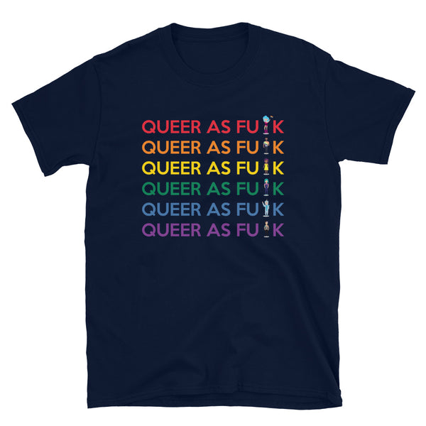 Navy T-shirt with six rainbow-colored lines reading “QUEER AS FU✱K” and tiny figures