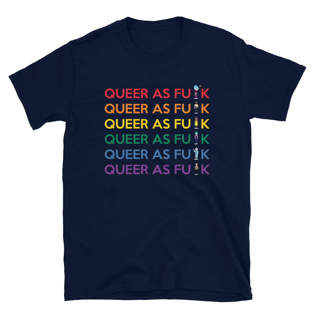 Navy T-shirt with six rainbow-colored lines reading “QUEER AS FU✱K” and tiny figures