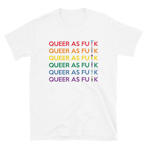 White T-shirt with six rainbow rows reading “QUEER AS FU█K” and small figures