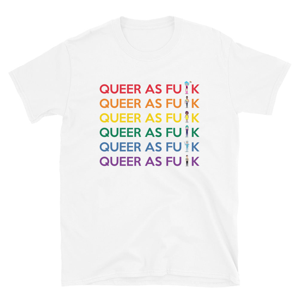 White T-shirt with six rainbow rows reading “QUEER AS FU█K” and small figures