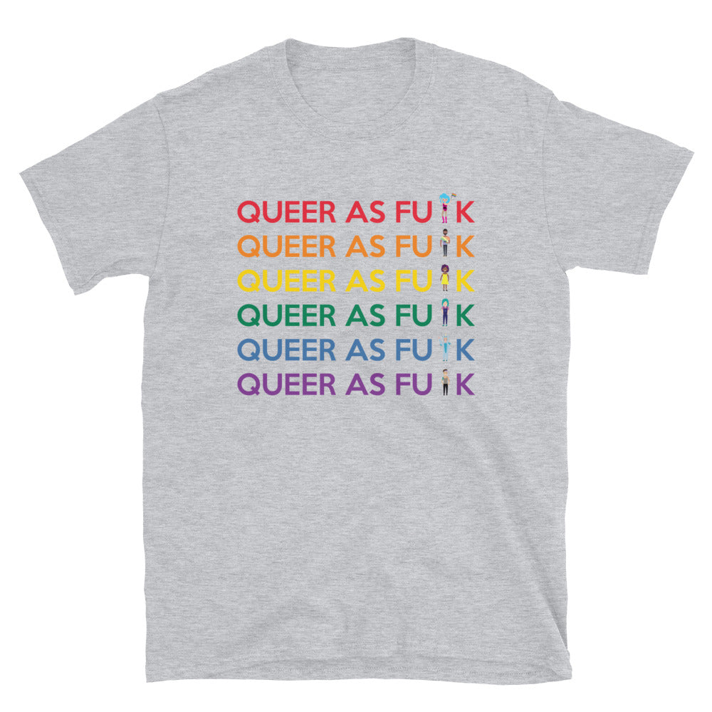 Heather gray T-shirt with six rainbow-colored rows of “QUEER AS FU K” text and tiny figures