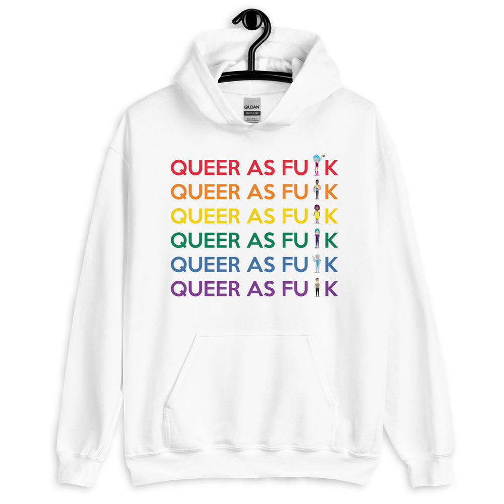 Front view of a white hoodie reading “QUEER AS FU█K” in six rainbow-colored lines