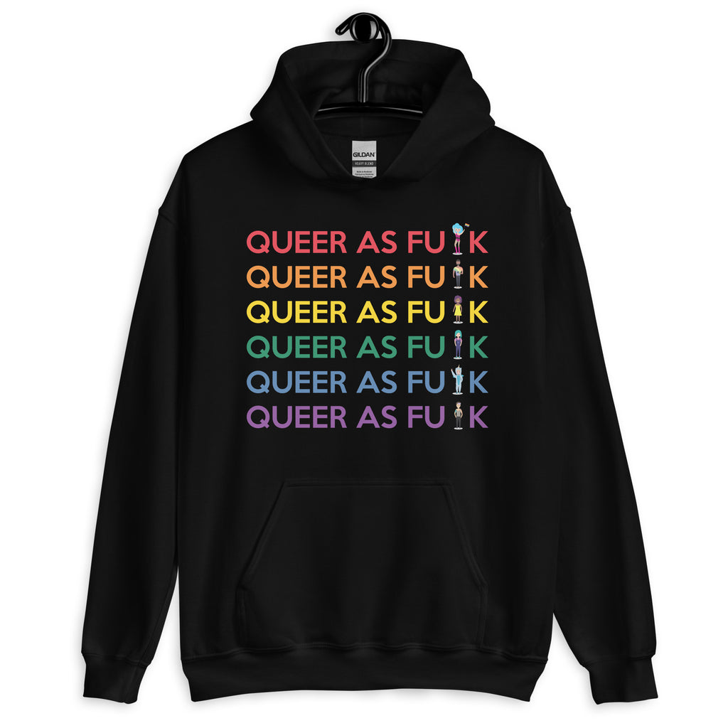 Black printed pullover hoodie, front kangaroo pocket; queer Pride unisex hoodie with “Queer As F#CK” design