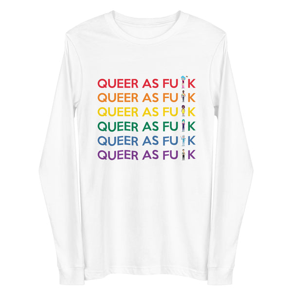 Front view of a white long-sleeve shirt with six rainbow-colored “QUEER AS FU K” lines and tiny figures