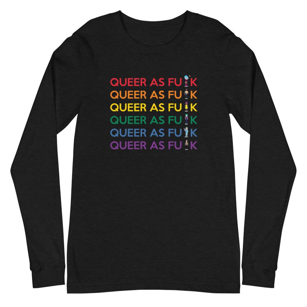 Flat lay of Black long-sleeve shirt; queer Pride unisex long sleeve t-shirt with “Queer As F#CK” design