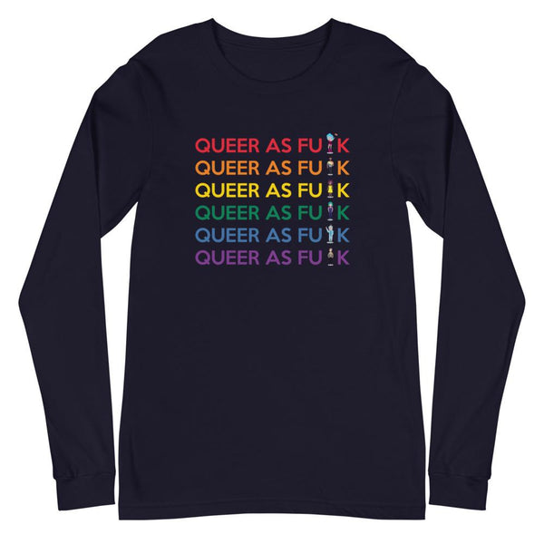 Front view of a dark navy long-sleeve shirt reading “QUEER AS FU⚡K” in rainbow colors.
