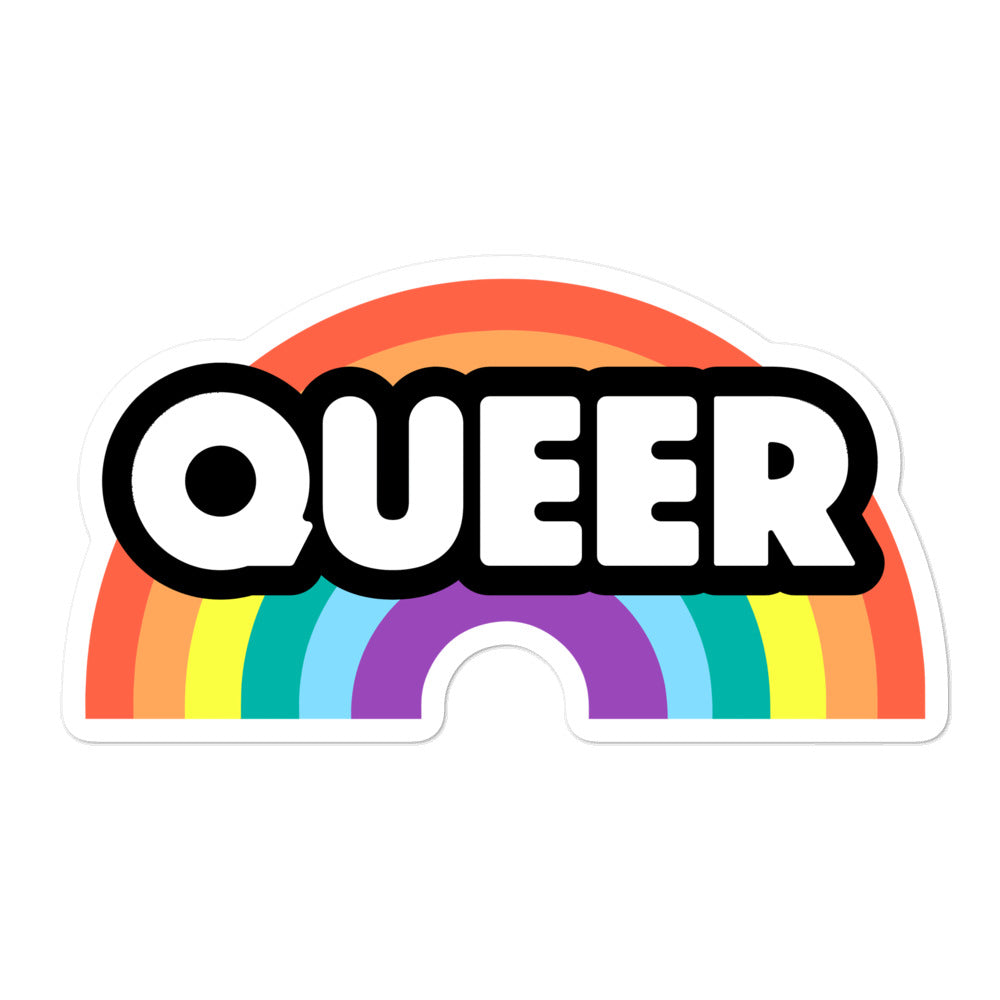 Bubble-shaped sticker with bold white “QUEER” lettering over a rainbow arch