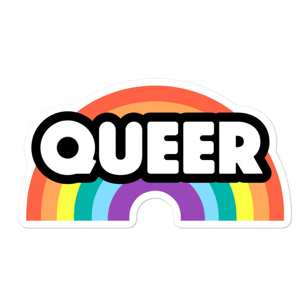 Bubble-shaped sticker with bold white “QUEER” lettering over a rainbow arch
