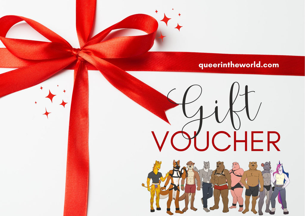 Gift voucher graphic with a red ribbon, sparkles, and a row of illustrated anthropomorphic characters