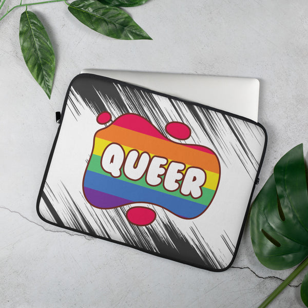 Angled laptop sleeve with a rainbow-striped speech bubble reading “QUEER”