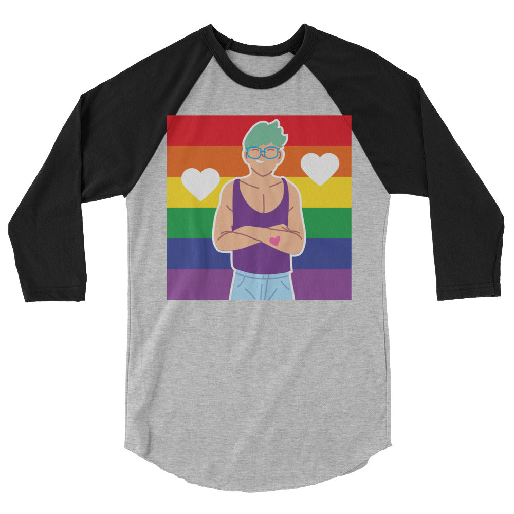Front view of a gray raglan shirt with black three-quarter sleeves and a rainbow heart illustration