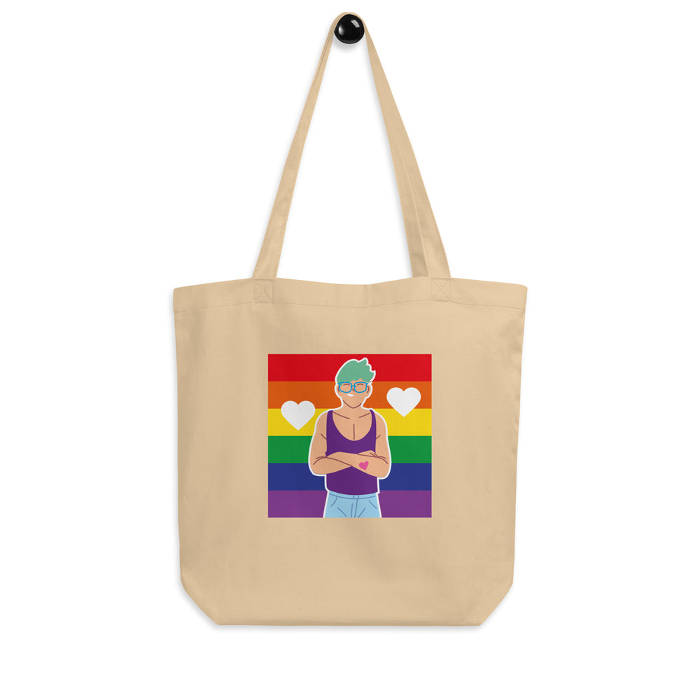 Natural canvas tote with a rainbow-striped illustration of a person holding a heart